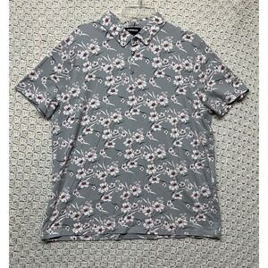 Express Floral Polo Shirt Men's‎ XL Gray White Red Floral Print Short Sleeve